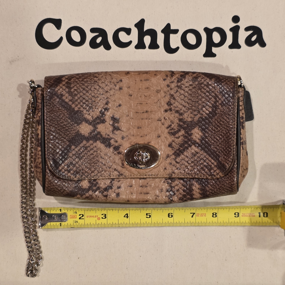 Coach Tan and Brown Snake-Print Turnlock Crossbody with Chain Strap